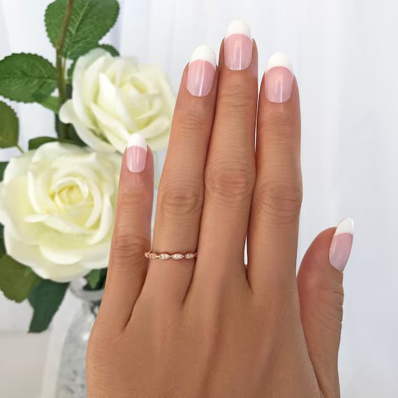 Delicate Art Deco Wedding Band, 1.5mm Ring, Minimalist Ring, Engagement Ring, Man Made Diamond Si... | Etsy (US)