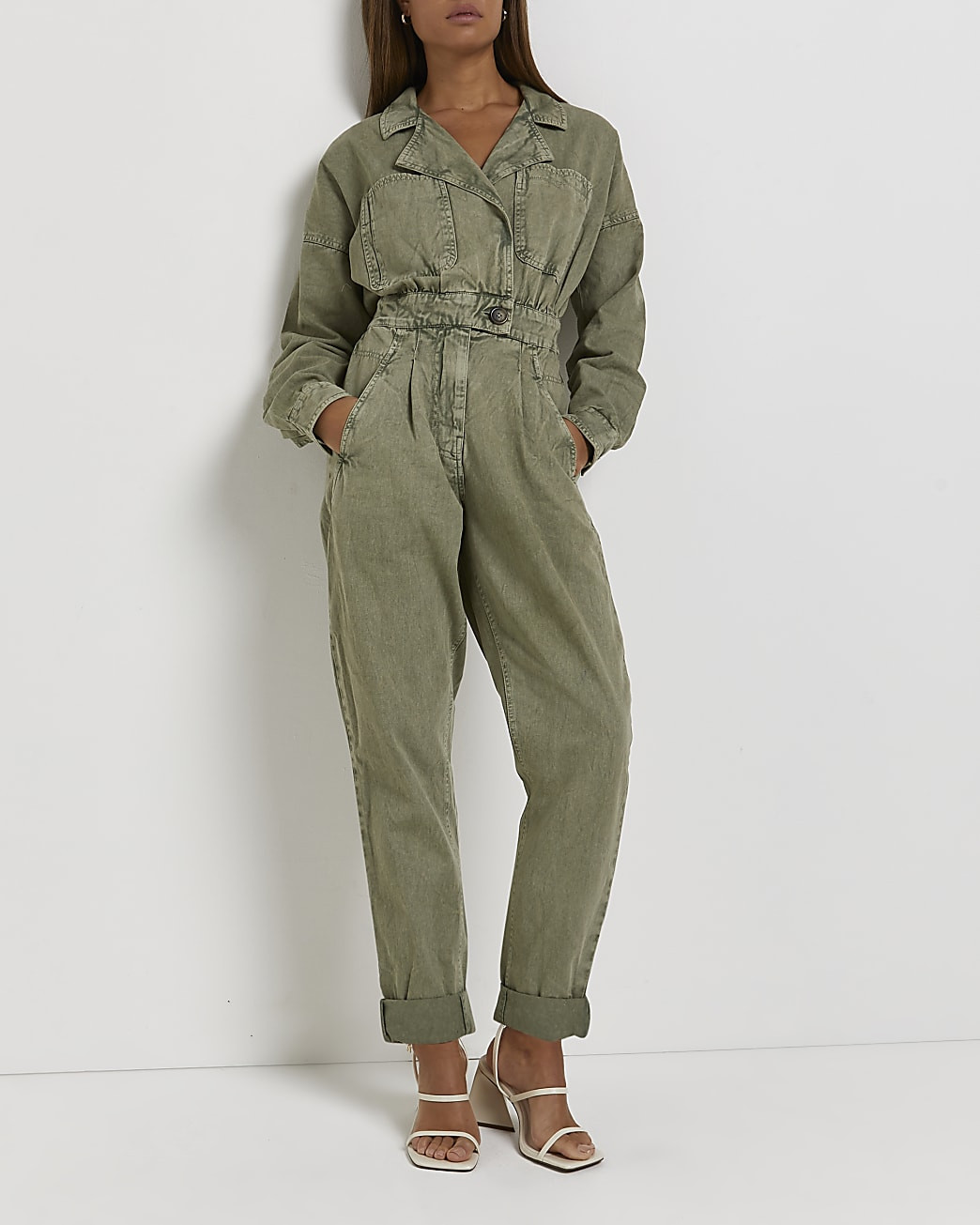 Khaki denim jumpsuit | River Island (UK & IE)