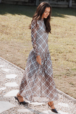 Odilia Long Sleeve Mesh Maxi Dress - Blue Plaid | Petal & Pup (US)
