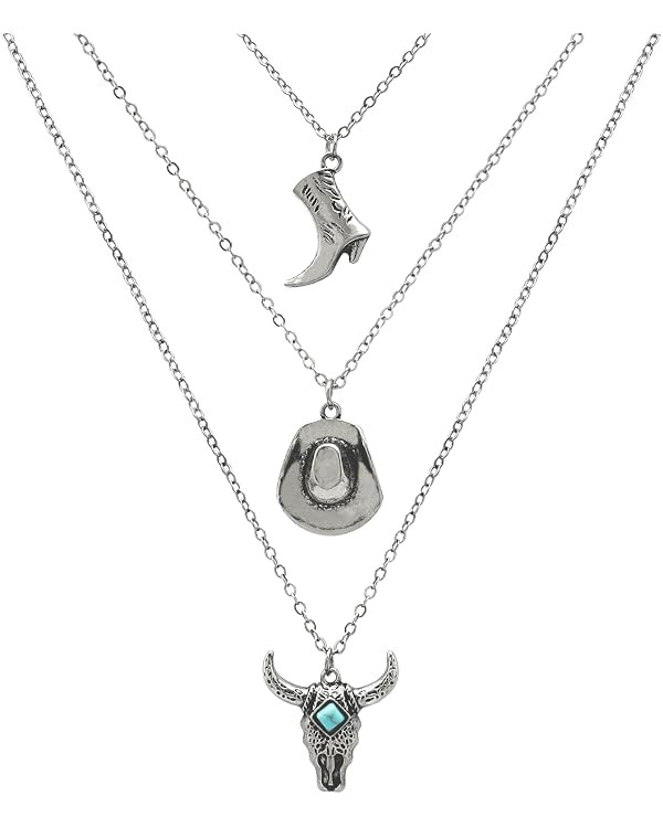 Boho Turquoise Layered Western Necklace for Women Bull Head Cowboy Hat Boots Cactu Pendant Neckla... | Amazon (US)