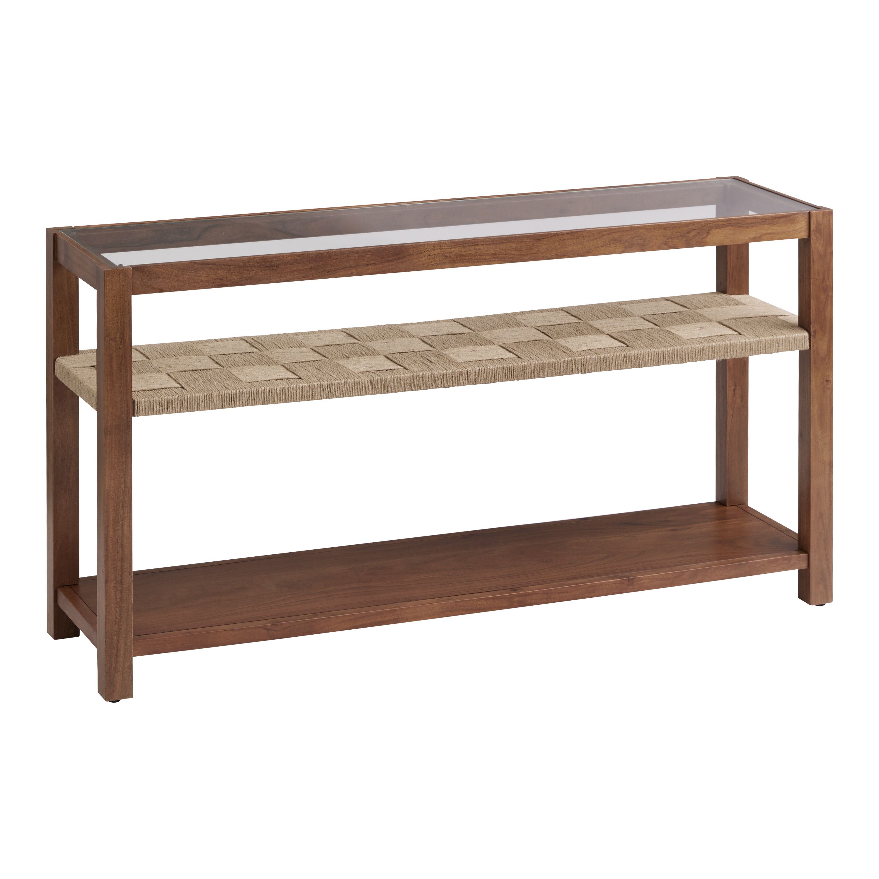 Lincoln Wood and Jute Glass Top Console Table with Shelves | World Market
