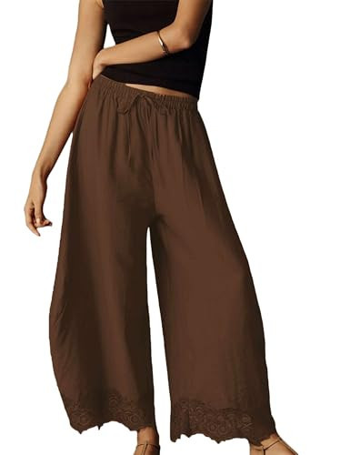 Bell Princess Women's Cropped Pants Lace Hem Pants Summer Boho Drawstring Beach Wide Leg Lounge Trousers with Pockets(0282-Brown-S) | Amazon (US)