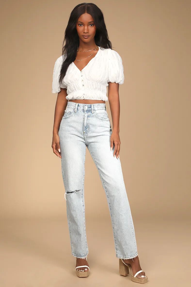 Warmer Weather White Puff Sleeve Button-Up Crop Top | Lulus (US)