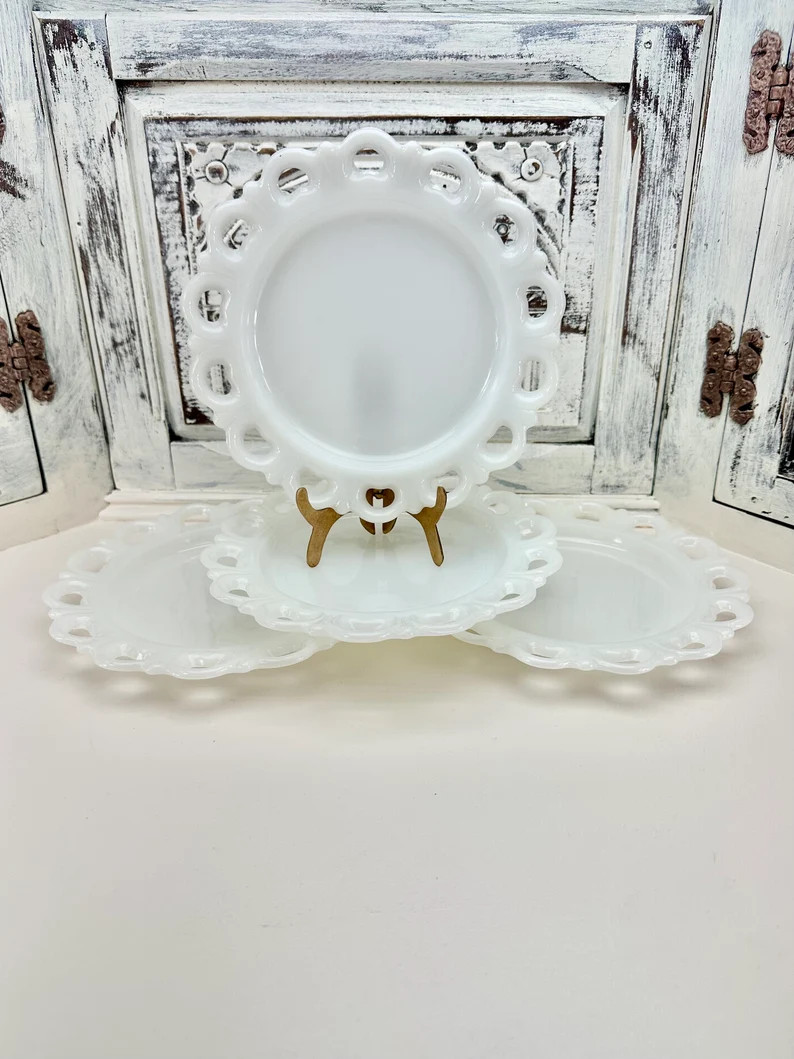 4 Lace Edge Milk Glass 8” Salad Plates by Anchor Hocking | Etsy (US)