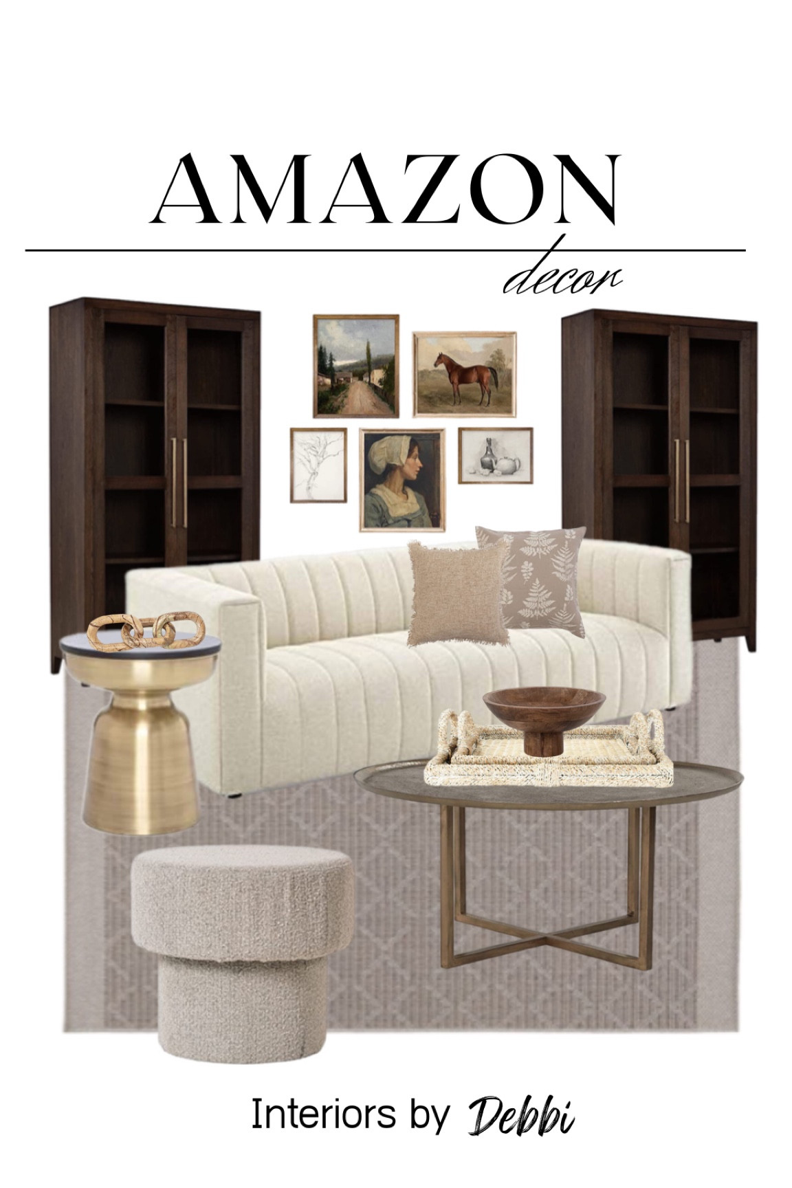 Living Room Decor
Display cabinets, set of art prints, modern sofa, throw pillows, gold coffee table, side table, wicker trays, wood bowl, links, living room rug, upholstered stool, Amazon favorites, budget friendly, accessories and furniture #amazonhome #founditonamazon #amaxonfinds

#LTKSeasonal #LTKFind #LTKhome