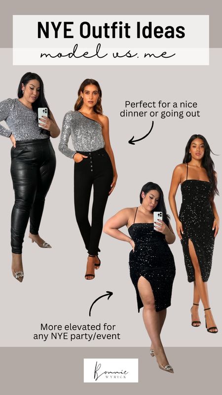 Model vs Me NYE Outfit Ideas 🥂 This one shouldered sequin bodysuit is so fun and sexy, I paired with my favorite leather pants for an elevated look. This sequin dress would be perfect for a fancy event or NYE party at a venue! Midsize NYE Dress | Midsize NYE Outfit | NYE Outfit Inspiration | Holiday Outfit Ideas | New Year’s Eve Outfit | Size Inclusive Fashion

#LTKstyletip #LTKcurves #LTKHoliday