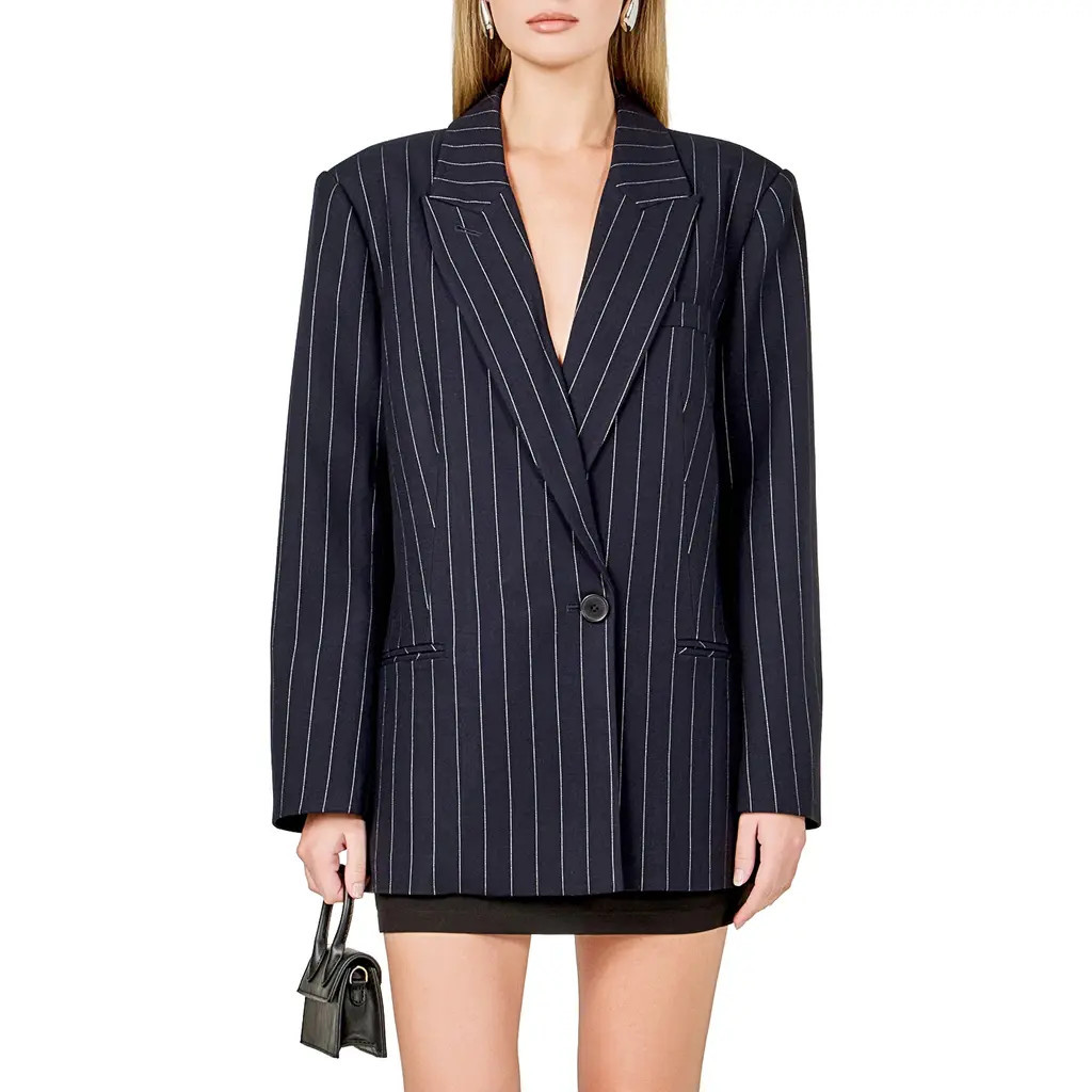 Endless Rose Oversize Pinstripe Blazer in Navy at Nordstrom, Size Large | Nordstrom