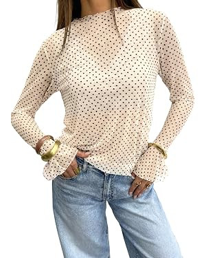 Tankaneo Womens Mesh Polka Dot Tops Bell Sleeve High Neck Summer Casual Blouse Trendy Loose Fit Y... | Amazon (US)