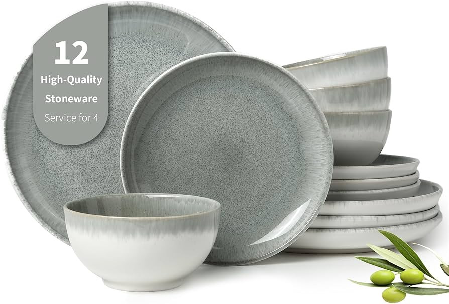 Gradient Green Stoneware Dinnerware Sets, 12 pcs Reactive Glaze Plates and Bowls Sets, Handmade C... | Amazon (US)