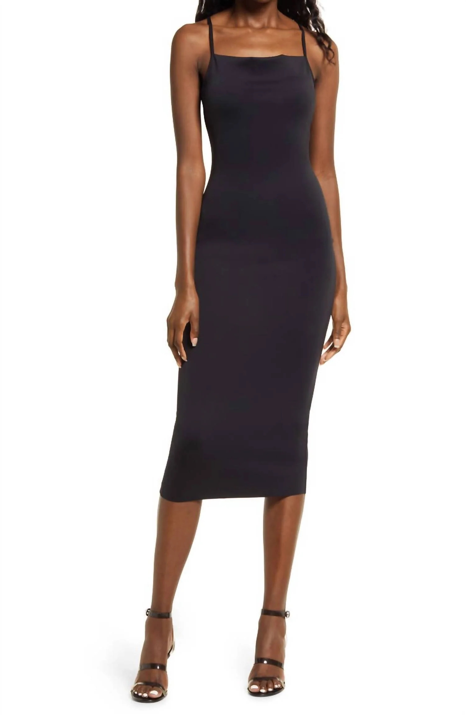 Scuba Spaghetti Midi Dress In Black | Shop Simon