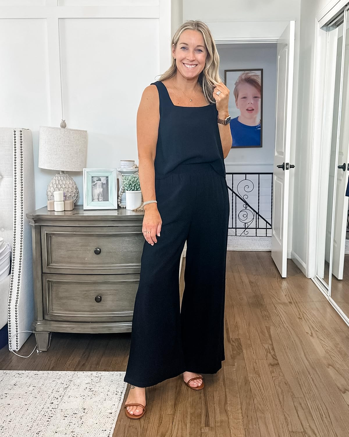 ANRABESS Women's 2 Piece Outfits Square Neck Linen Tank Crop Top Wide Leg Pants Matching Lounge S... | Amazon (US)