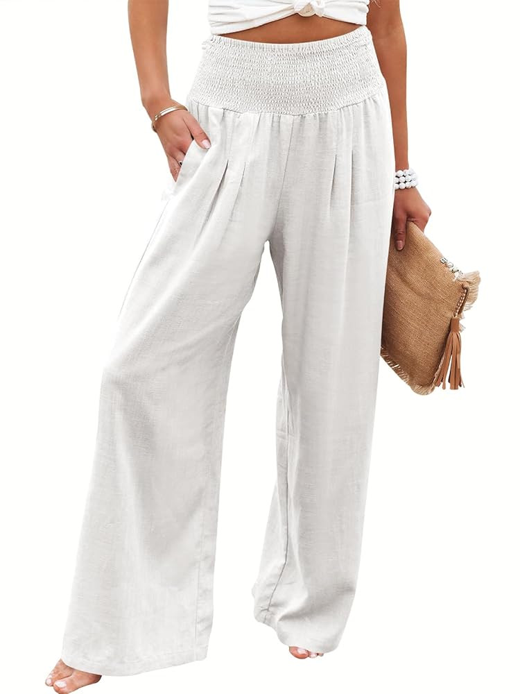 ANRABESS Women Linen Palazzo Pants Summer Boho Wide Leg High Waist Casual Lounge Pant 2025 Beach ... | Amazon (US)