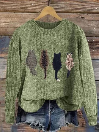 Women Cat Crew Neck Knitted Sweaters | JustFashionNow US