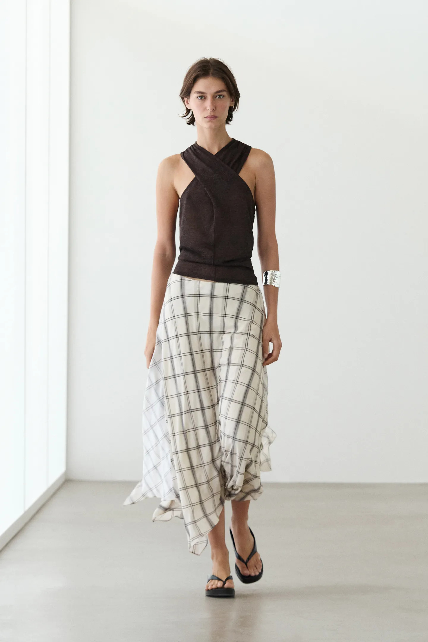 Asymmetric midi skirt with check detail | Massimo Dutti UK