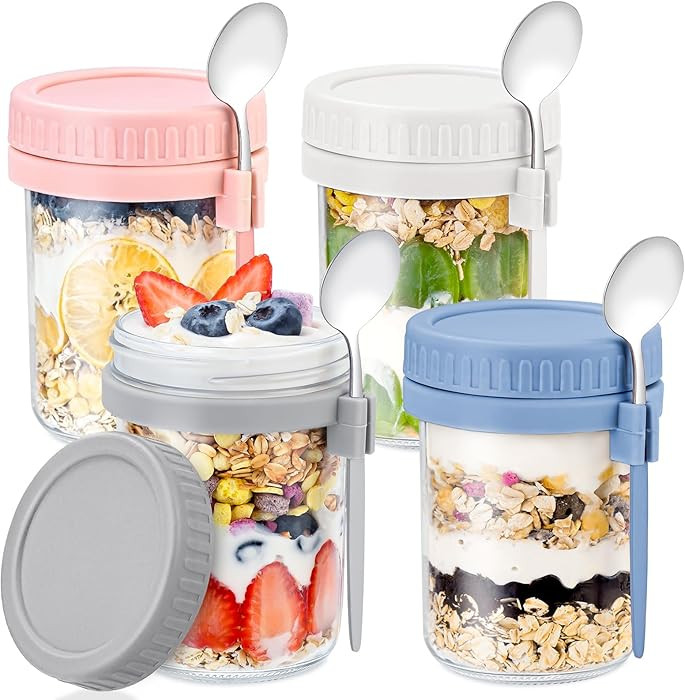 4 Pack Overnight Oats Containers with Lids and Spoons - DRKIO 16 Oz Glass Mason Jars for Overnigh... | Amazon (US)
