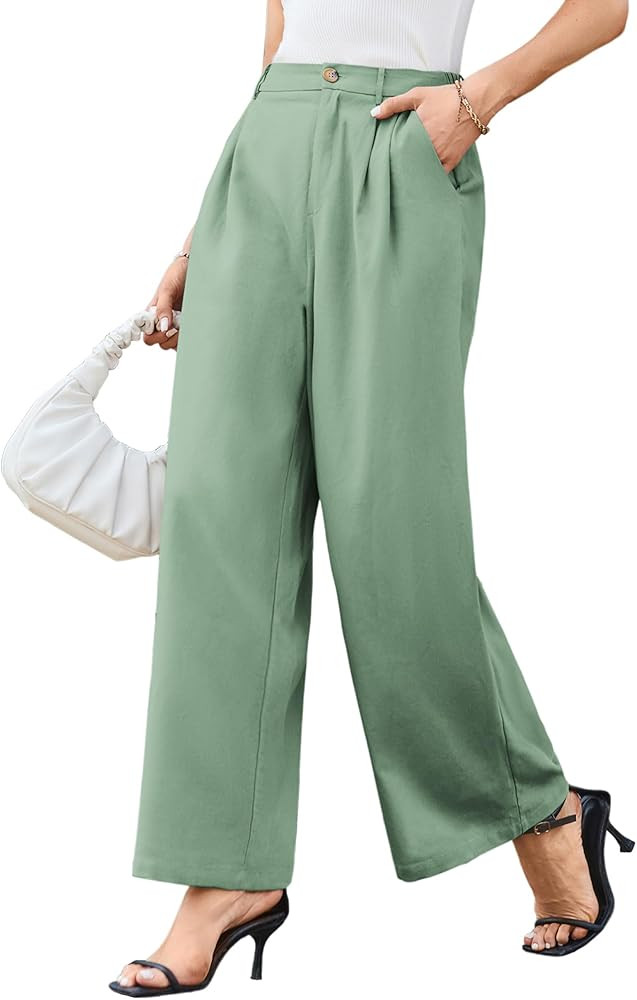 GRACE KARIN Casual Wide Leg Long Stright Pants Button Down Loose Business Work Office Women High ... | Amazon (US)