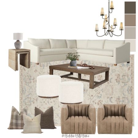 Living room mood board, family room design, sectional sofa, living room rug, coffee table, accent chairs, modern transitional living room mood board #modern-transitional 

#LTKfamily #LTKsalealert #LTKhome