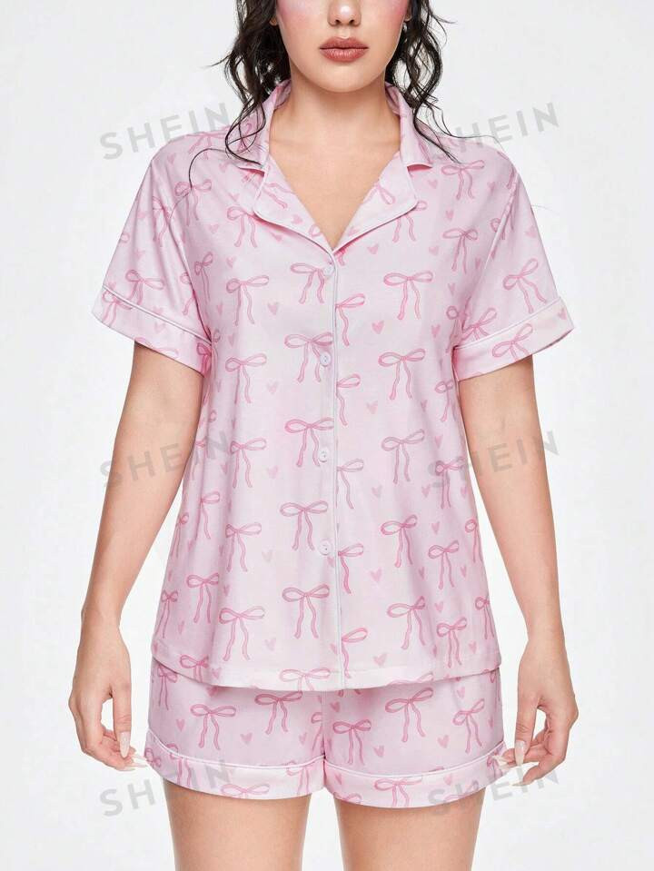 ROMWE Kawaii Vintage Butterfly & Floral Print Short Sleeve Pajama Set With Lapel Collar, School | SHEIN