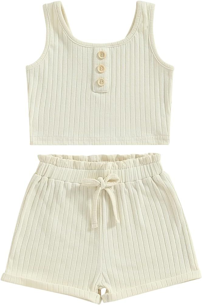 MOREELUCK Toddler Baby Girl Summer Clothes Shorts Set 2PCS Ribbed Tank Top Camisole and Drawstrin... | Amazon (US)