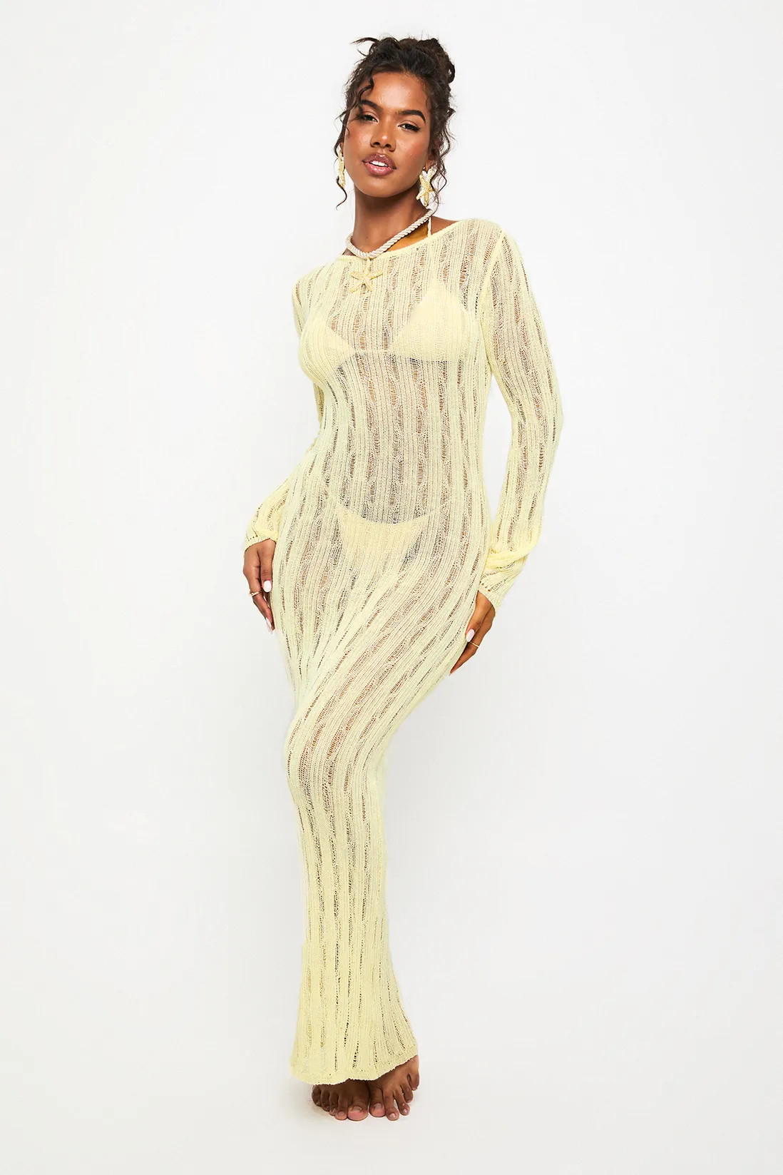 Scoop Back Long Sleeve Crochet Beach Dress | Boohoo.com (UK & IE)
