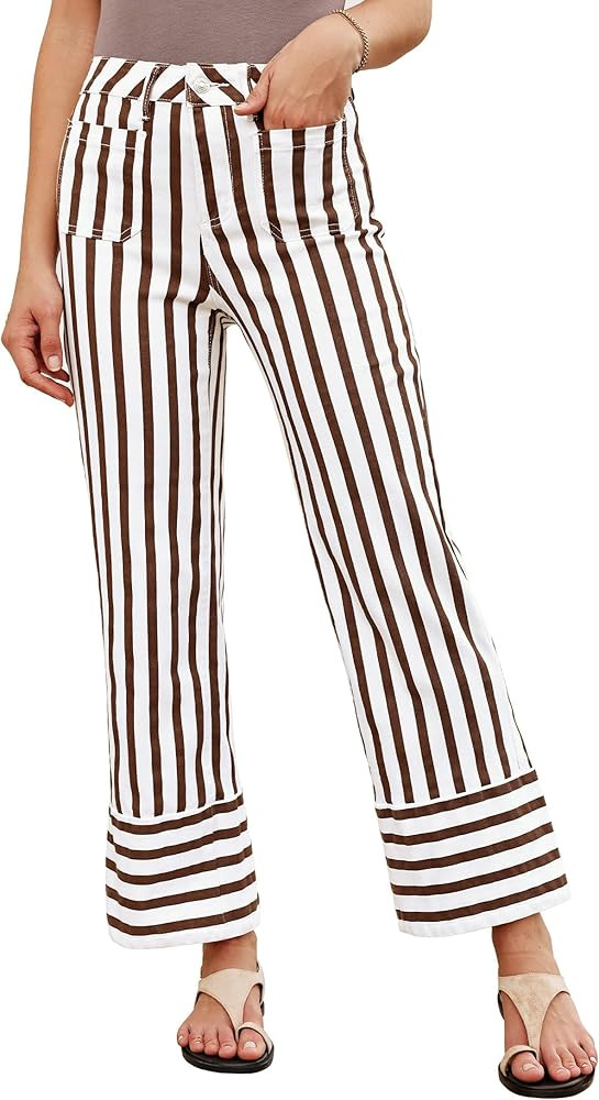 luvamia Striped Jeans for Women Wide Leg High Waisted Trendy Patch Pockets Stretchy Denim Pants C... | Amazon (US)