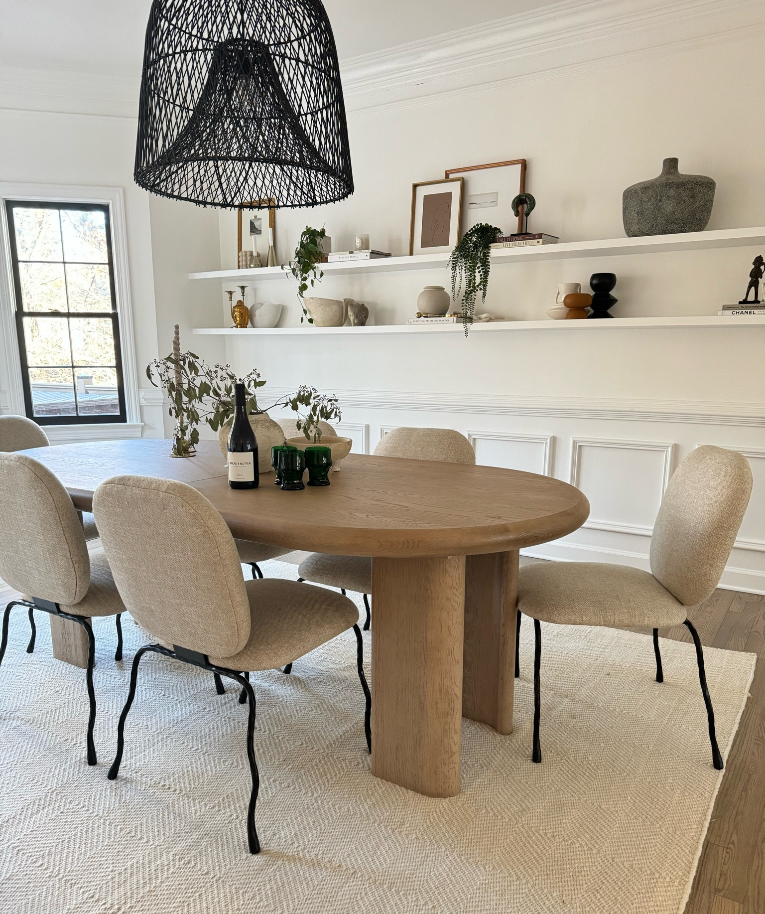 Dining room neutral earthy home decor or, extendable dining table, wavy legs dining chair, shelf  decor, organic modern home decor

#LTKhome