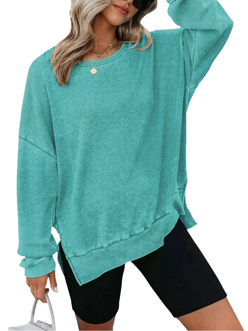 TEMOFON Womens Sweatshirts Long Sleeve Tops Oversized Blouse Waffle Knit Crew Neck Fashion Side S... | Walmart (US)