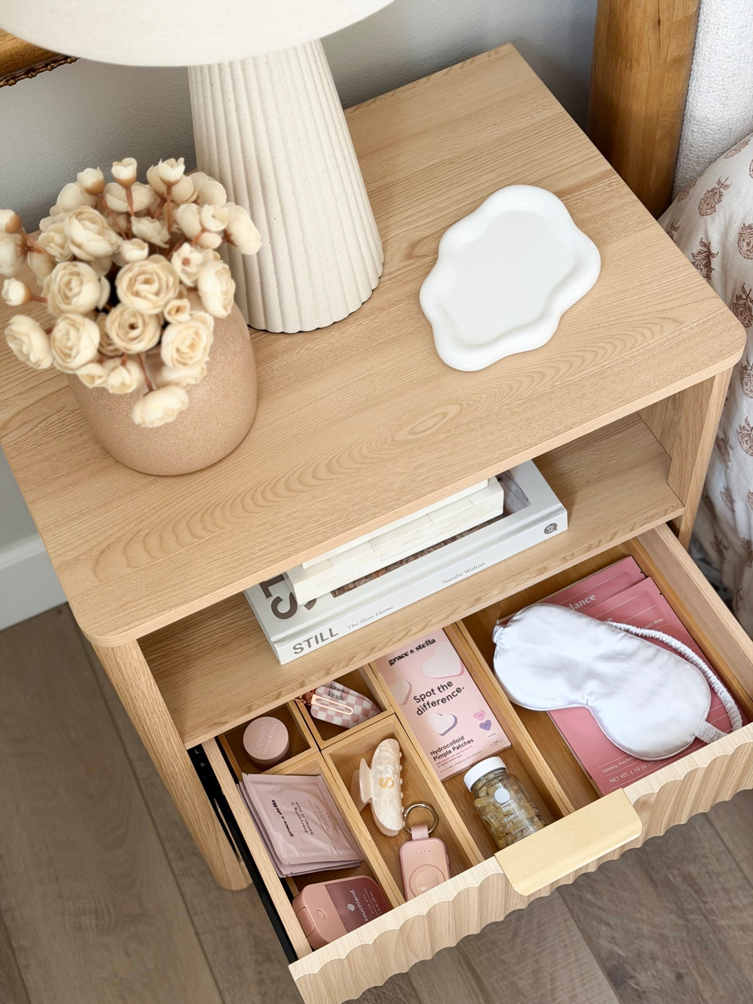 Sharing a little nightstand organization!

Home, home finds, home decor, home accents, nightstand, nightstand styling, faux florals, table lamp, beauty finds, bedtime routine, jewelry dish, bedroom, bedroom inspo  

#LTKHome #LTKdayinmylife #LTKBeauty