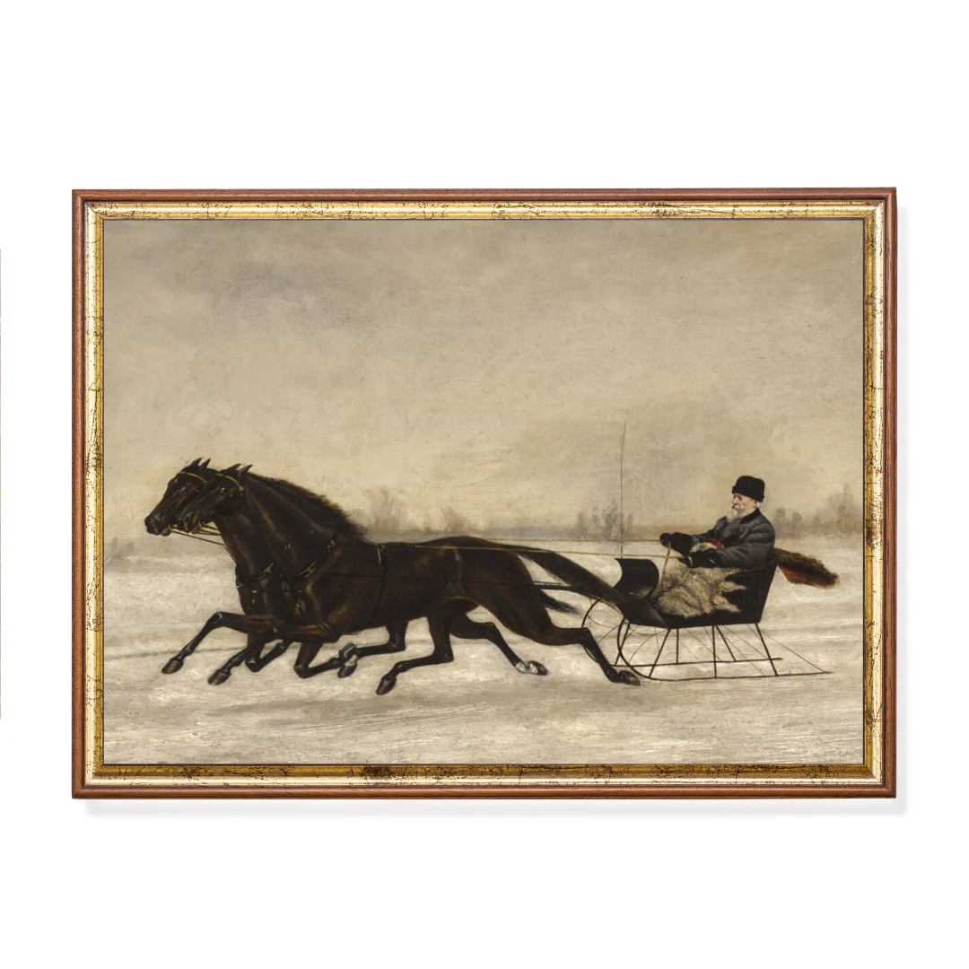 Winter Sleigh Ride Antique Painting: Vintage Equestrian Art Print (digital Download) - Etsy | Etsy (US)