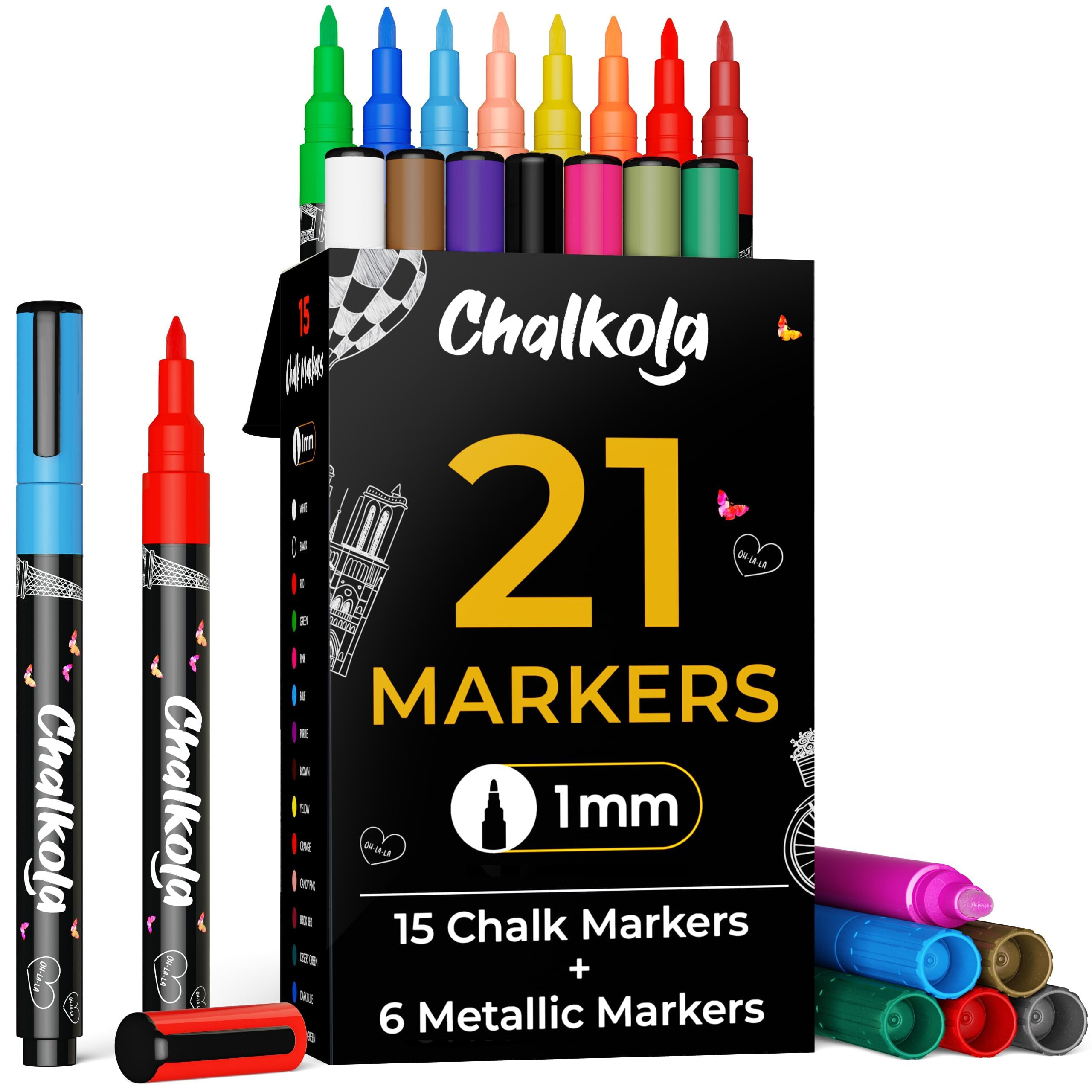 Chalkola Extra Fine Tip Chalk Markers for Blackboard & Glass (Pack of 21, 1mm Tip) | Washable Liq... | Amazon (US)