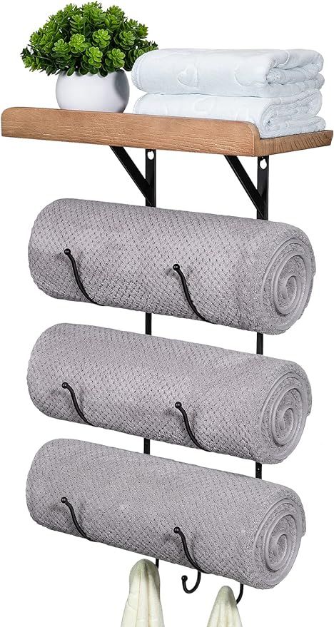 Towel Rack Wall Mounted for Bathroom, IRIIJANE Metal Bath Towel Holder Storage Hand Towels w/ Woo... | Amazon (US)