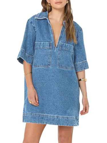 Fisoew Womens Denim Shirt Dress Summer Collared V Neck Mini Casual Jean Dresses with Pockets Light Blue | Amazon (US)