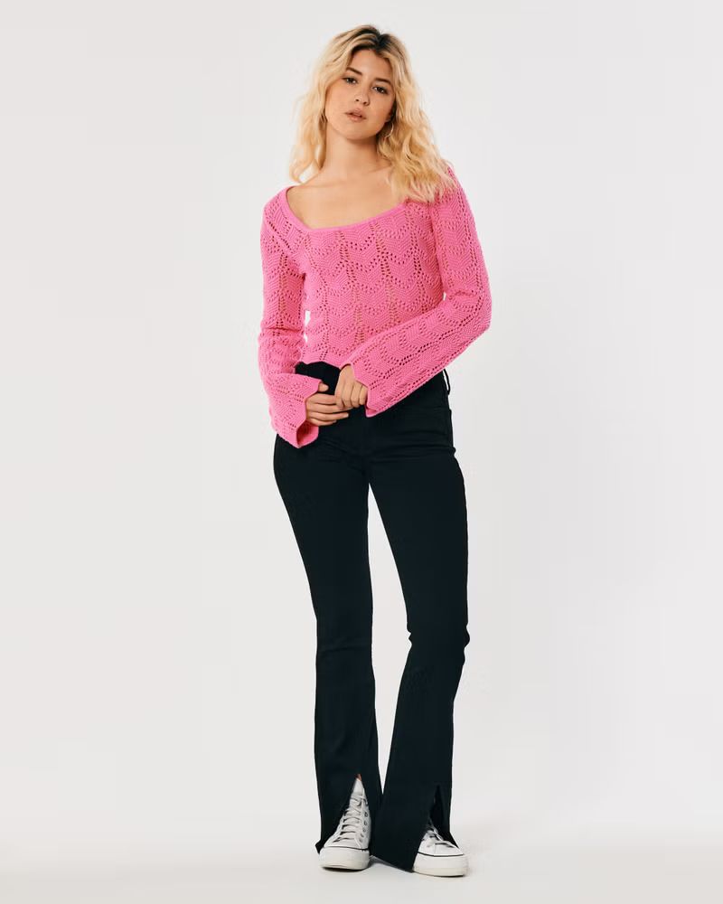 Women's Long-Sleeve Crochet Square-Neck Sweater | Women's Tops | HollisterCo.com | Hollister (US)