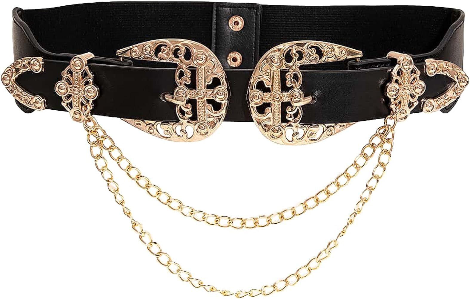 Verdusa Women's Double Buckle Chain Cowgirl Belts Leather Elastic Waist Belt | Amazon (US)
