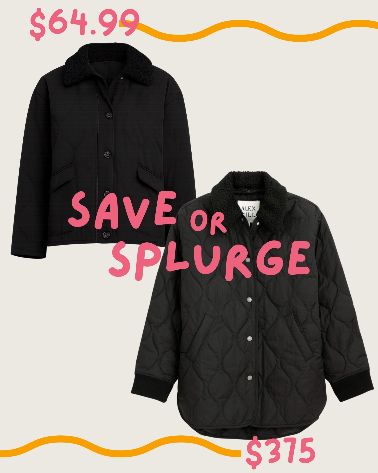 Save or Splurge? 🍂

A quilted barn jacket is one of those timeless fall staples that never goes out of style — cozy, classic, and perfect for layering on crisp days.

Save: Old Navy Quilted Jacket ($64.99) — with a soft sherpa collar, button-front design, and 100% recycled polyester details.

Splurge: Alex Mill Quilted Jacket ($375) — detachable sherpa collar, true-to-size relaxed fit, and that signature polished finish.

#LTKFindsUnder100 #LTKSaleAlert #LTKStyleTip