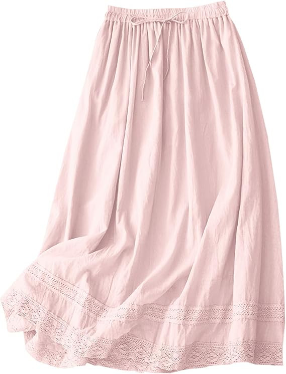 SANGTREE Women's Lace Cotton Linen Midi Skirt High Waisted A Line Flowy Swing Boho Long Skirts | Amazon (US)