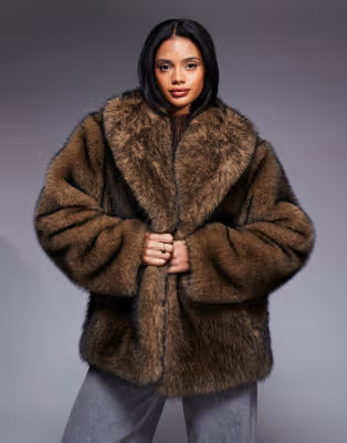 Aria Cove faux fur oversized collar wide sleeve jacket in brown tipped fur | ASOS (Global)