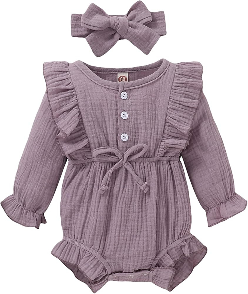 Newborn Baby Girl Clothes Romper Cotton Long Sleeve Romper Solid Infant Jumpsuit Fall Winter Baby... | Amazon (US)