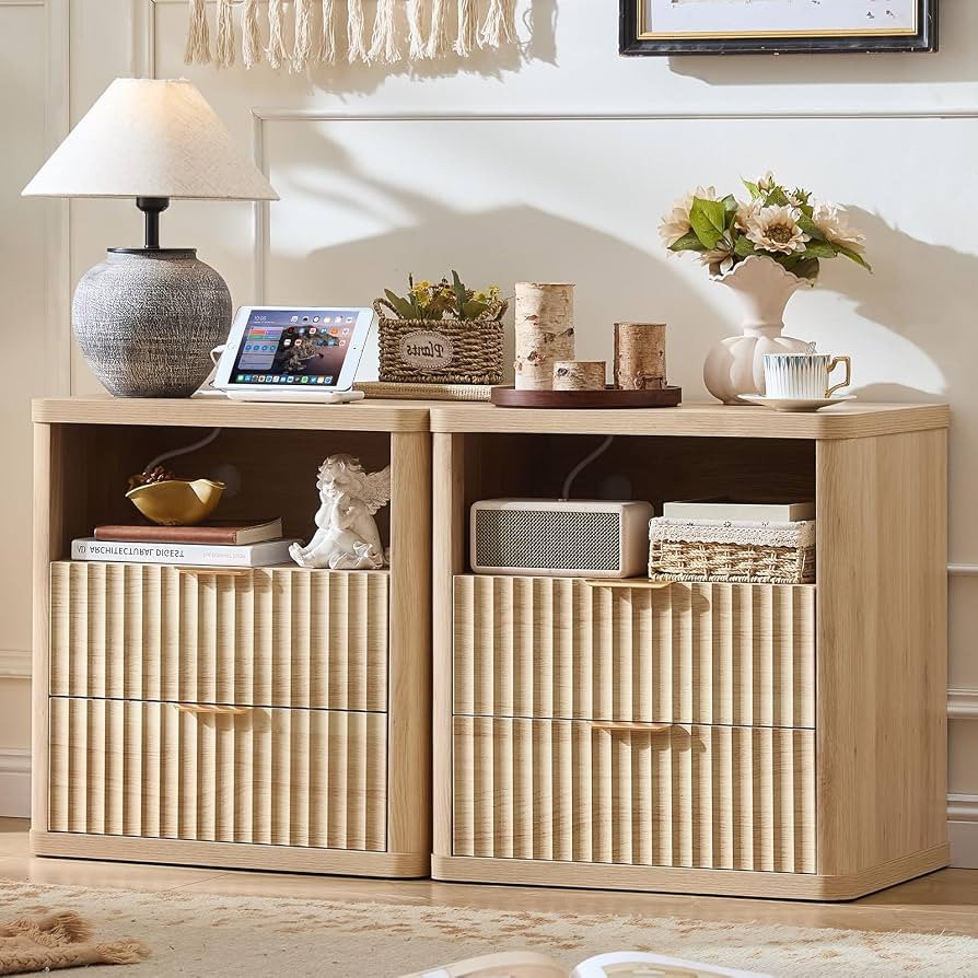 LEYAOYAO Fluted Farmhouse Nightstand Set of 2 with Charging Station, 23" Wide 2 Drawers End Table... | Amazon (US)