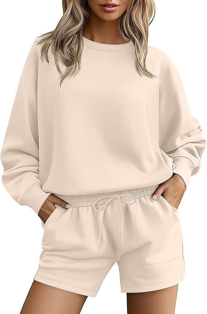 Ficerd Women's 2 Piece Outfits Long Sleeve Pullover Sweatshirt and Sweat Short Lounge Tracksuit F... | Amazon (US)