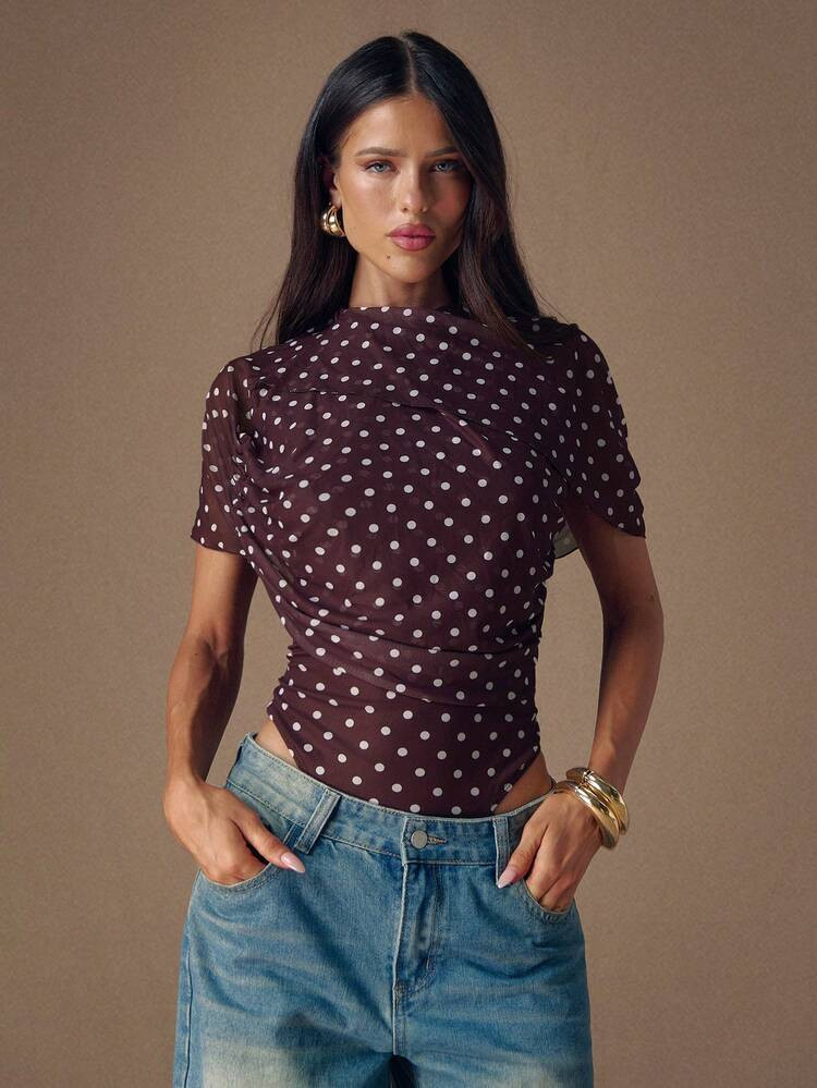 SHEIN BAE Brown Polka Dot Turtleneck Ruched Elegant Bodysuit For Women, Polka Dot Bodysuit,Valentine's Day ,Summer Bodysuit,Going Out Bodysuit,Elegant Bodysuit,Summer Holiday Outfits | SHEIN
