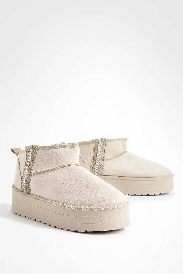 Embroidered Detail Cozy Platform Boots | boohoo (US & Canada)