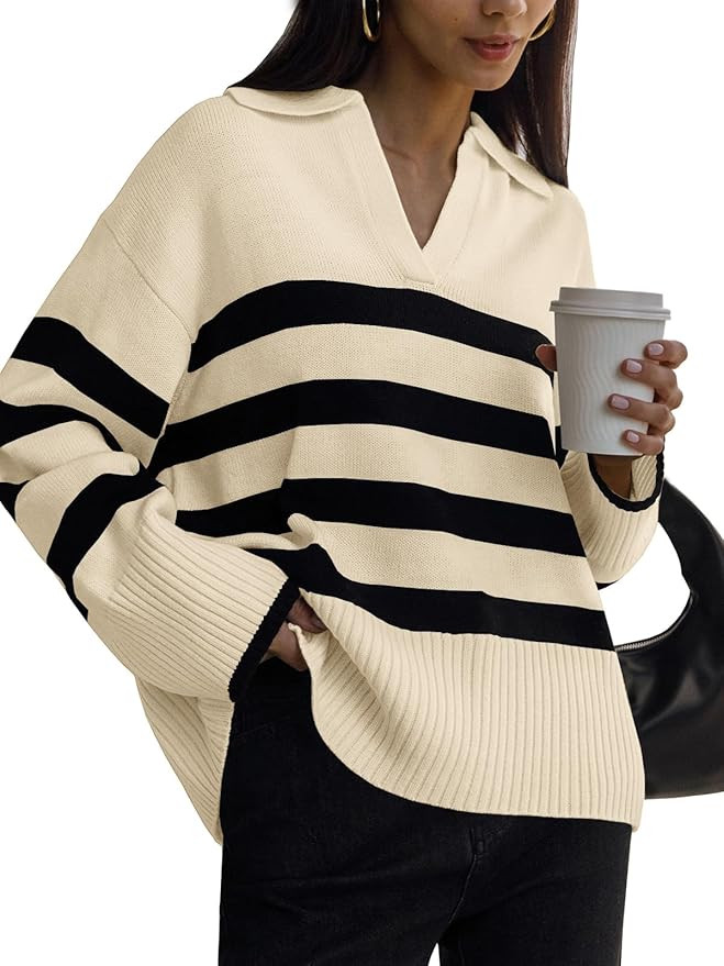 LILLUSORY Fall Womens Striped Fashion 2023 Sweaters Collared Oversized Outfits Knit Pullover Tuni... | Amazon (US)