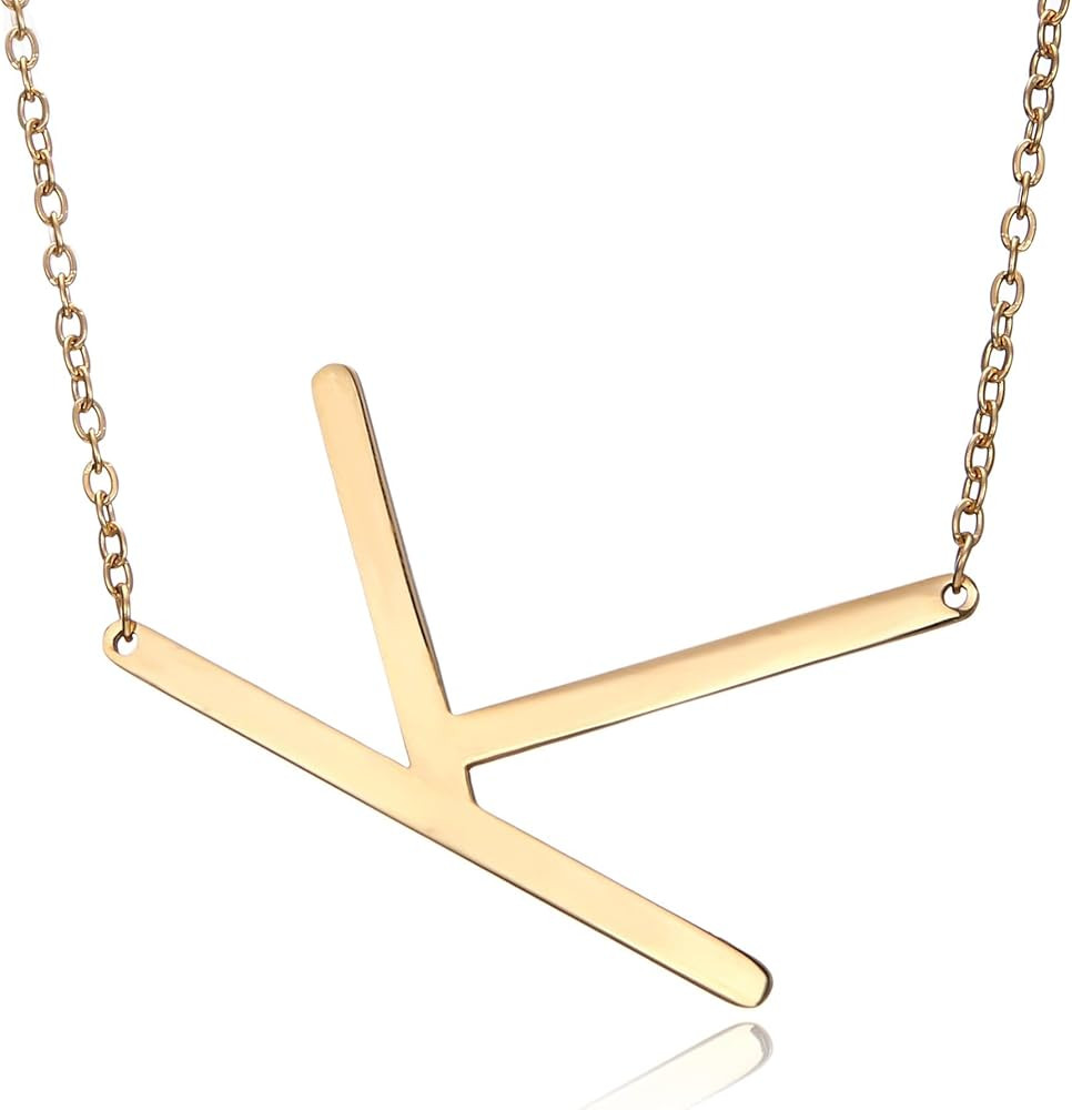 RINHOO Sideways Large Initial Necklace 18k Gold Plated Stainless Steel Big Letter Script Name Mon... | Amazon (US)