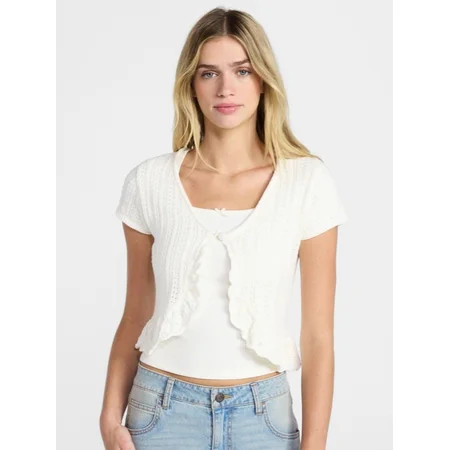 No Boundaries V-Neck Pointelle Cardigan with Short Sleeves, Women's XXS-XXL | Walmart (US)