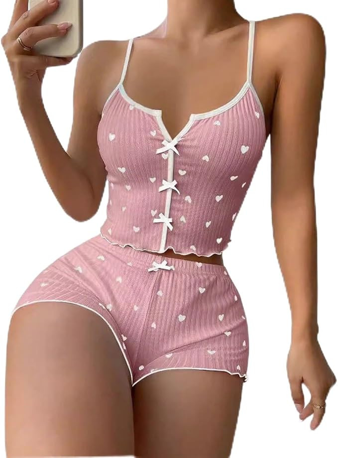 UNIQUEONE Cute Pajamas for Women Strawberry Print PJ Set Crop Cami Tops and Shorts Set 2 Piece Lo... | Amazon (US)