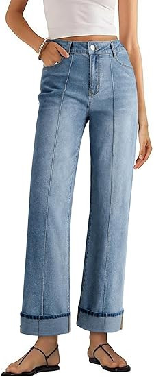 Sidefeel Women's Wide Leg Cuffed Jeans High Waisted Baggy Stretchy Denim Pants with Pockets | Amazon (US)