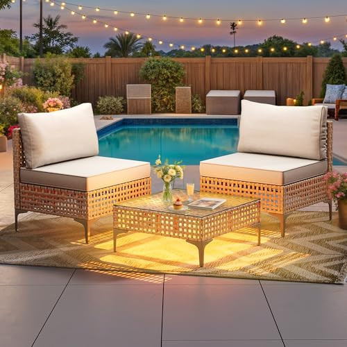 YITAHOME Wicker Patio Furniture Set 3 Pieces Outdoor Sectional Sofa with Solar Light Table Outdoor Couch with Waterproof Cushions All-Weather Rattan Patio Conversation Set for Indoor/Outdoor | Amazon (US)