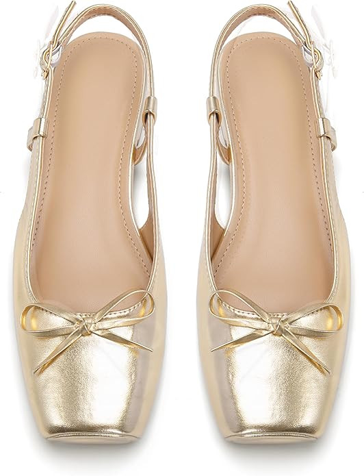 Women's Ballet Flats Slingbacks Square Toe Bow Knit Dressy Flat Shoes with Ankle Buckles Satin | Amazon (US)