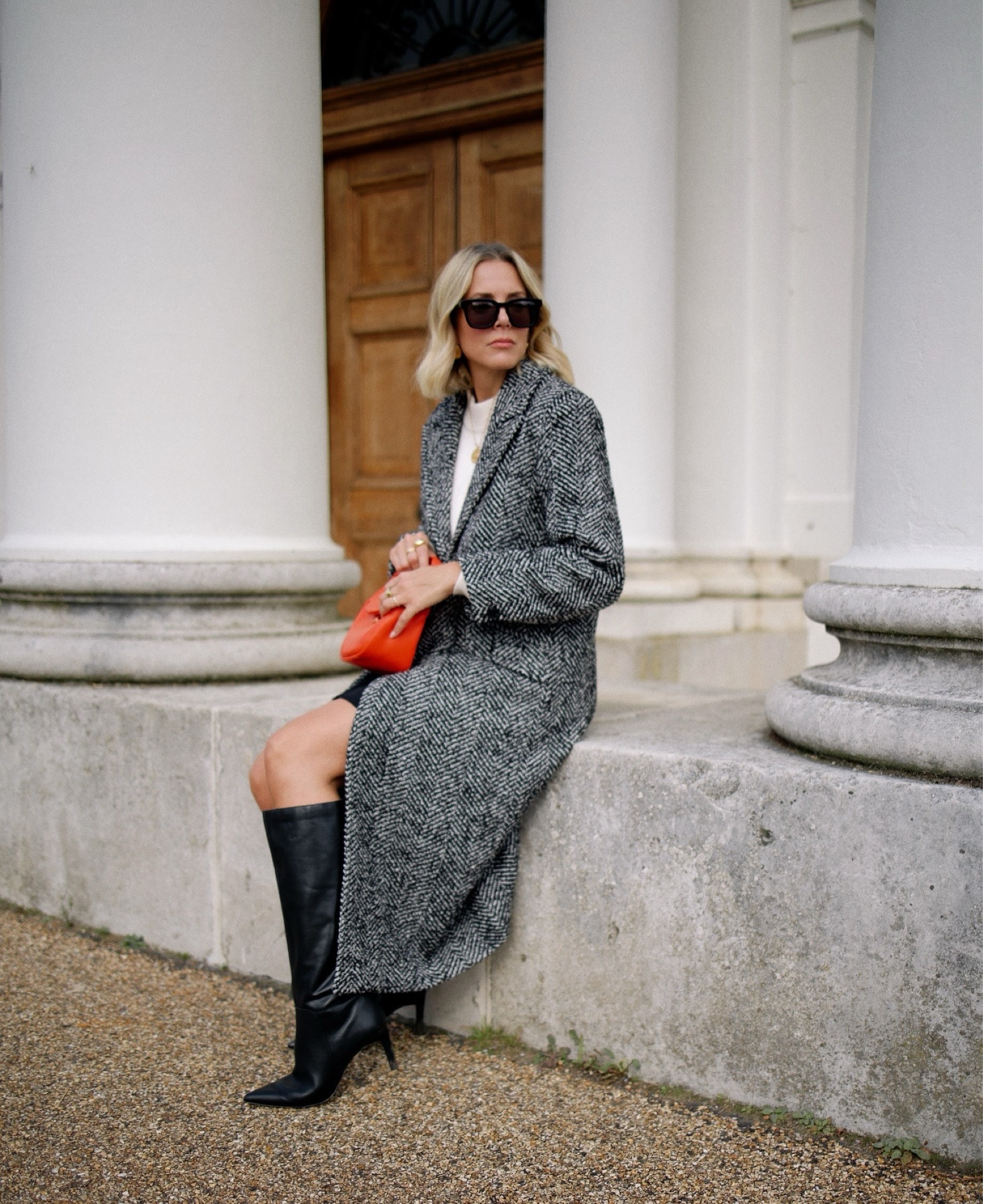 Winter coat
Work coat
Work outfit 
Herringbone wool coat 
Knee high boots
Red bag
Pleated skirt 
Autumn outfit 

#LTKeurope #LTKautumn #LTKuk